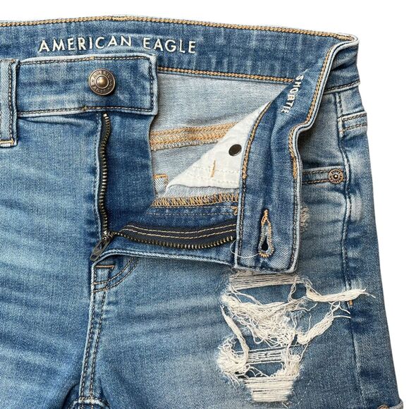American Eagle Hi-Rise Shortie Distressed Denim Shorts Size 0 Next Level Stretch - Picture 3 of 9